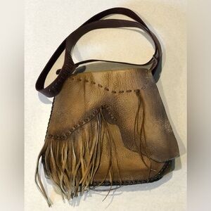 Vintage Tan Leather Crossbody Shoulder Bag with Fringe